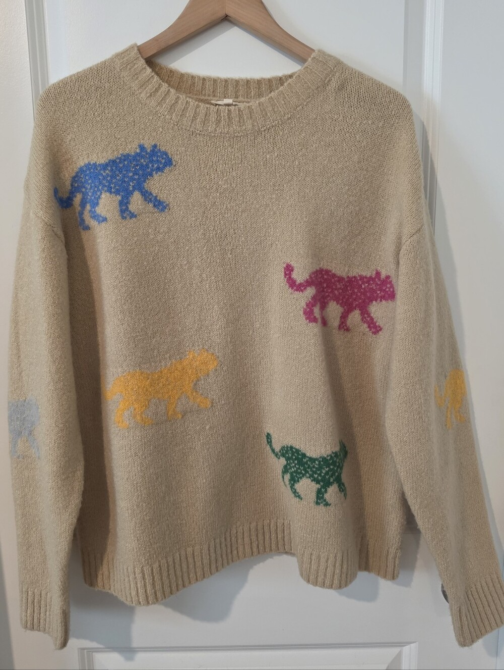 JODIFL Colorful Leopard Cat Knit Sweater Tan Size Medium